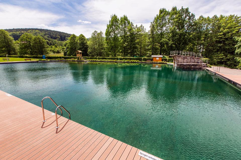 Ein großer Schwimmteich mit glasklarem, chlorfreiem Wasser, Sprungfelsen, Rutsche und großzügige Liegewiesen machen es zum perfekten Ort für Badevergnügen inmitten der Natur. Ideal für Familien, Sportbegeisterte und alle, die entspannen möchten.